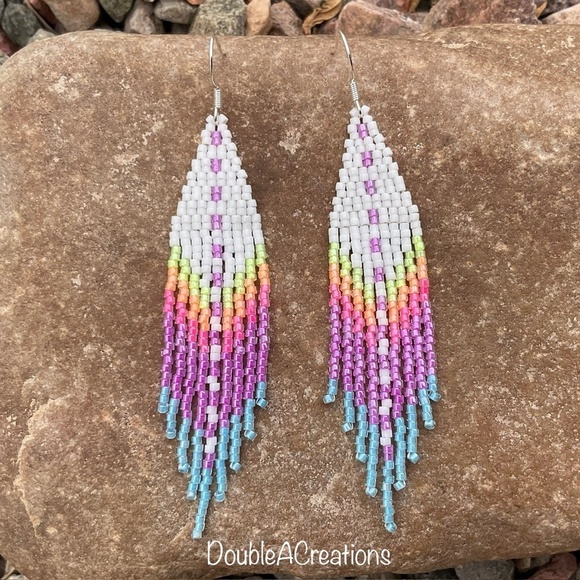 White with Sunset Colors Beaded Earrings with Fringe, New, Handmade by Me - Picture 5 of 6